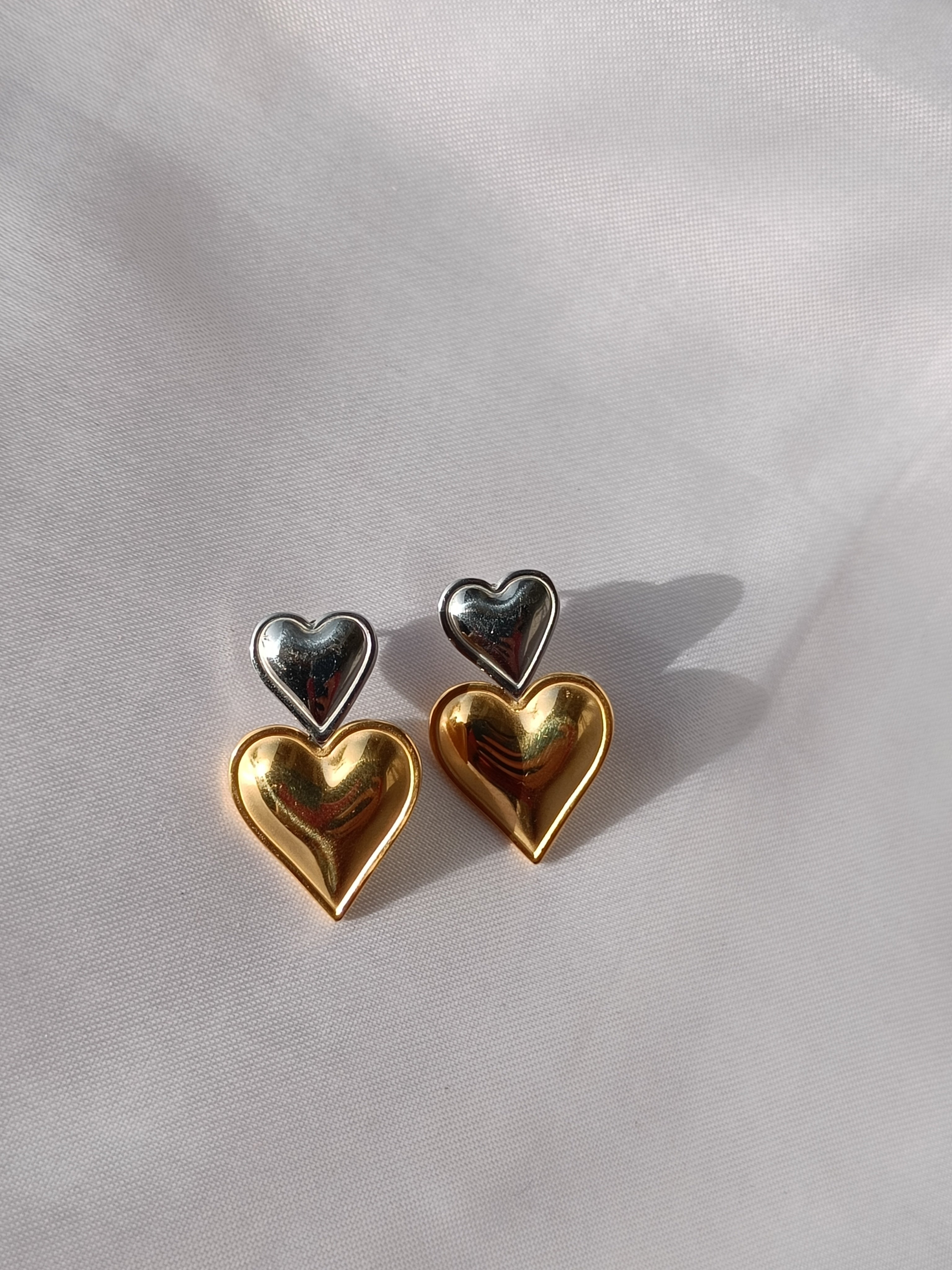 GOLDEN N SILVER TWIN HEART ANTI TARNISH EARRINGS