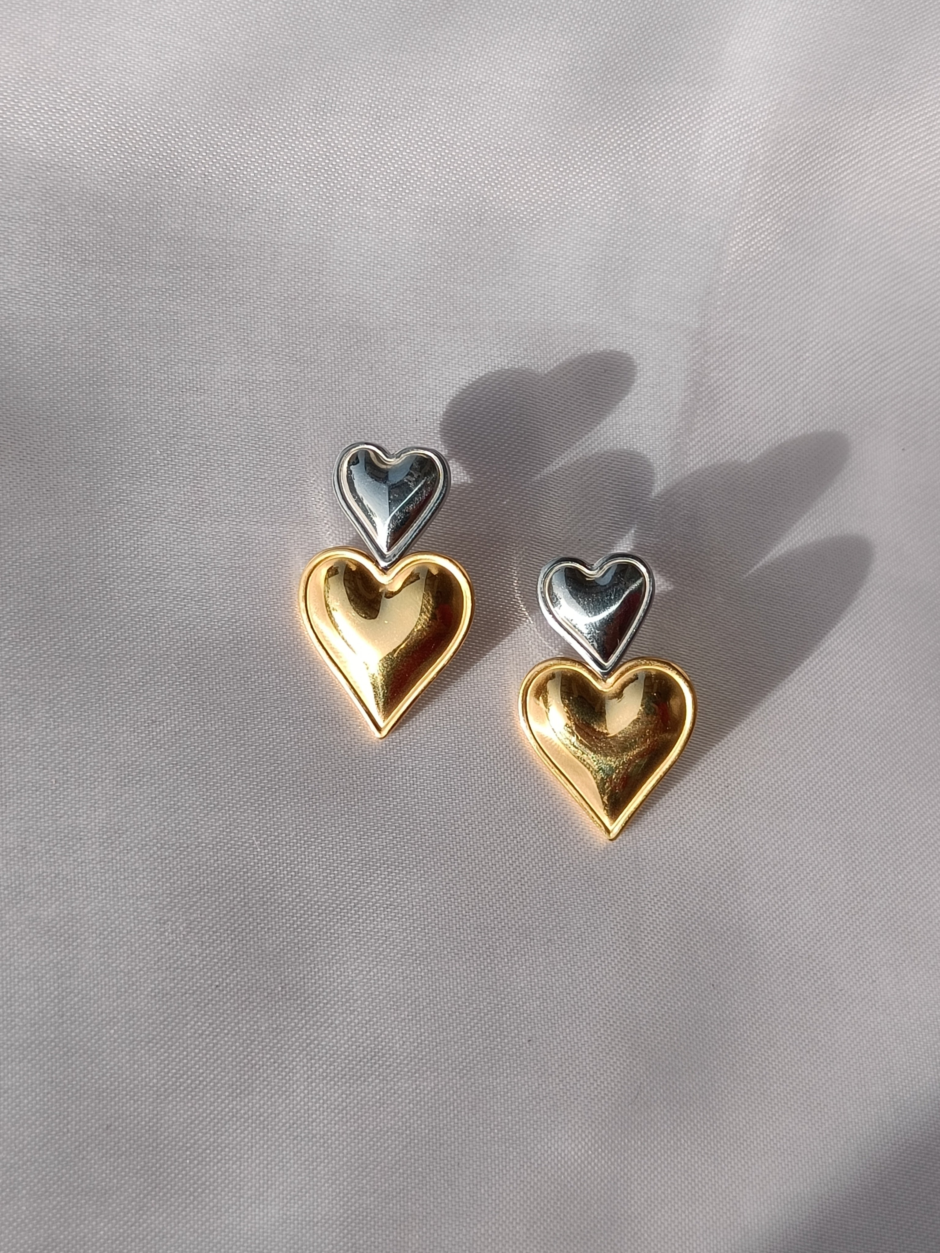 GOLDEN N SILVER TWIN HEART ANTI TARNISH EARRINGS