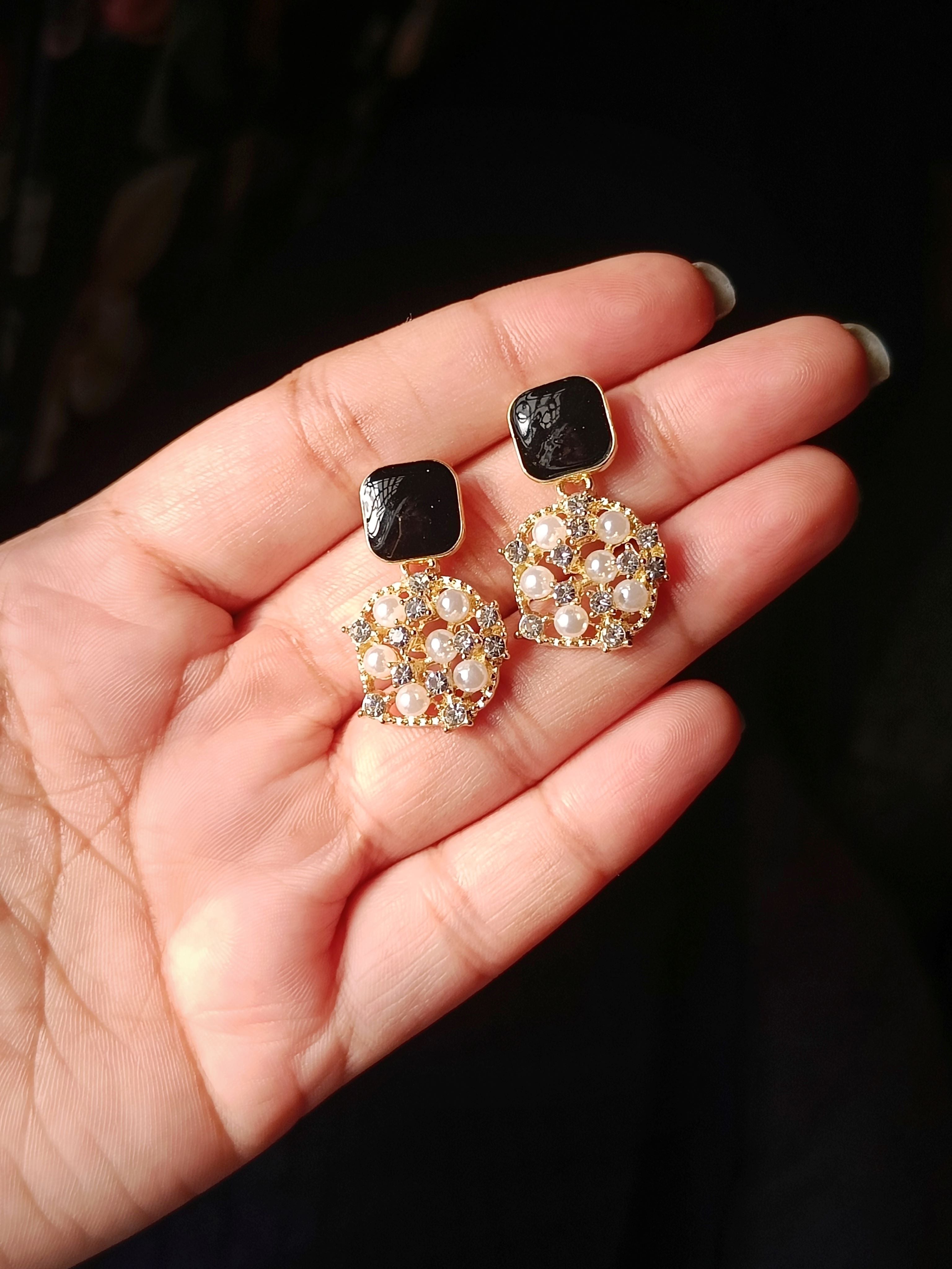 Black and Pearl Drop Earrings