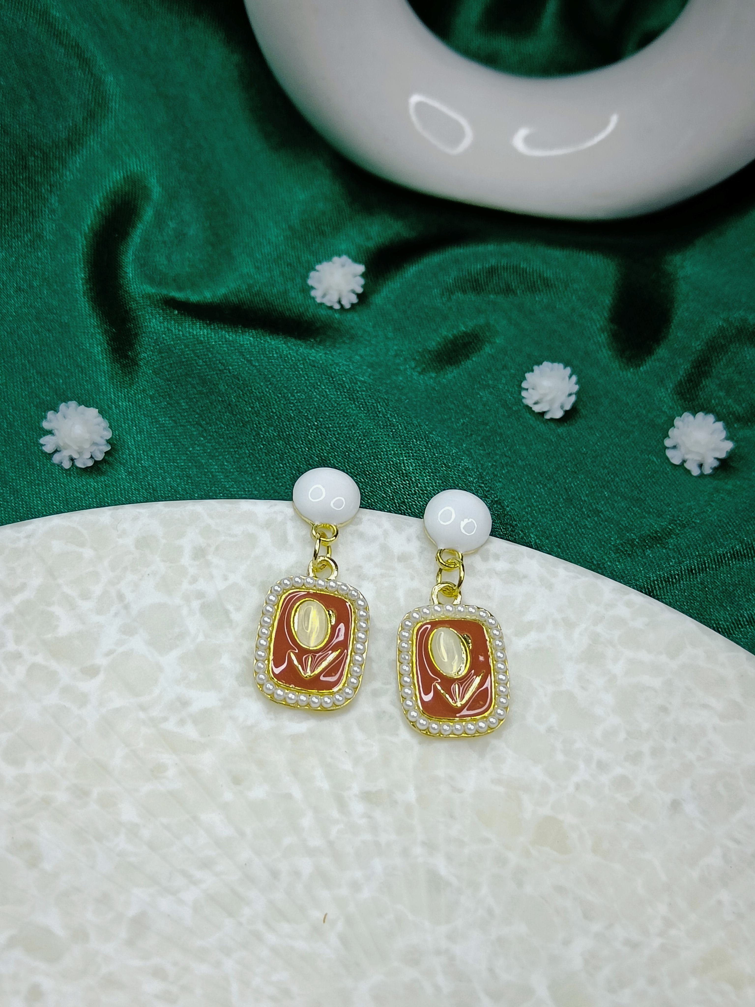 Coral And Gold Rose Pearl Earrings
