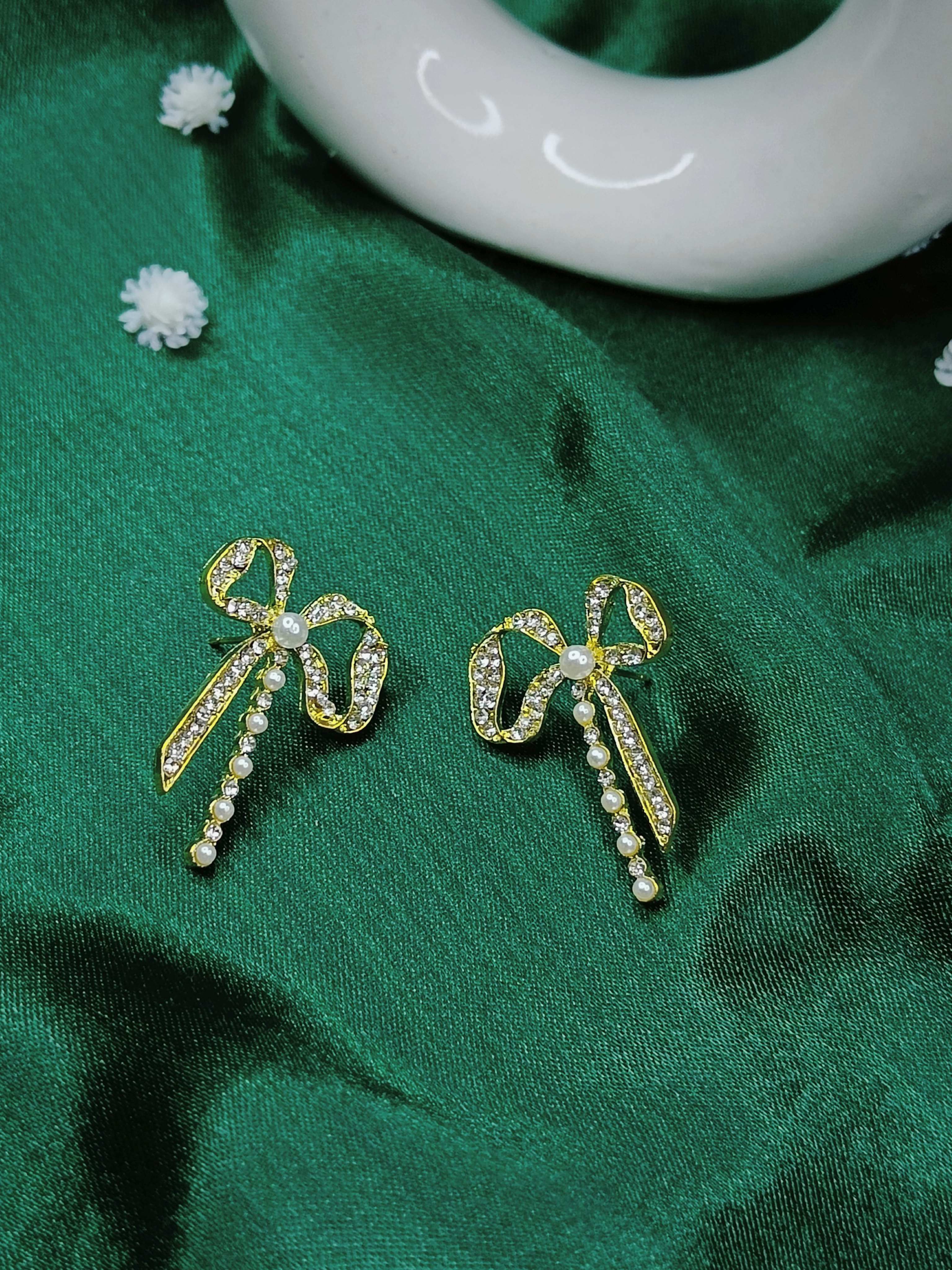 Golden Bow Pearl Earrings
