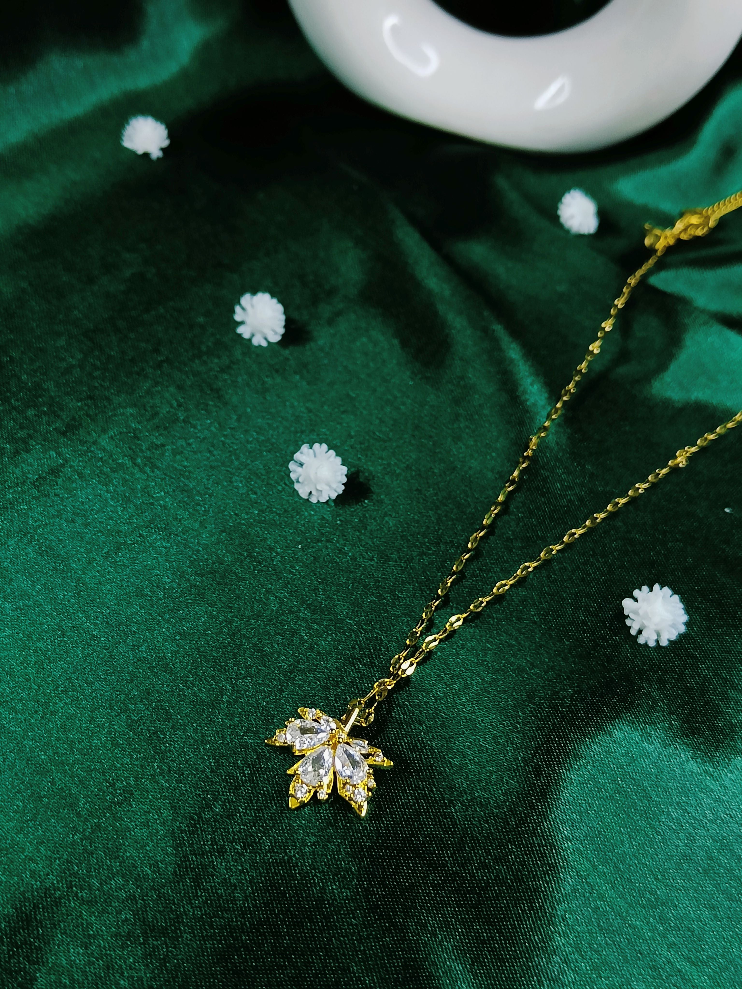 White Stone Autumn Leaf Anti Tarnish Necklace