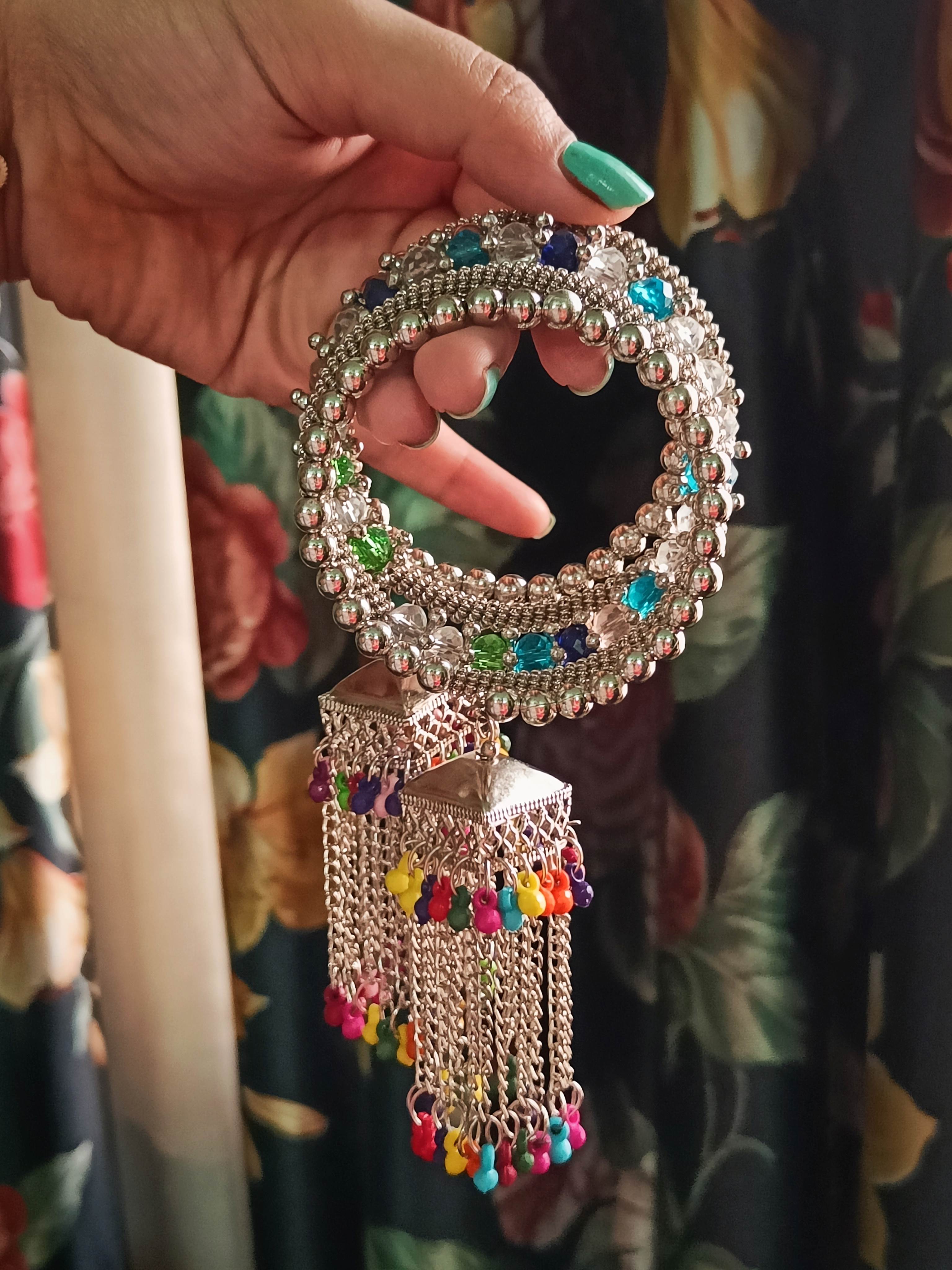 Oxidized Hoop Bracelet with Multicolor Tassels