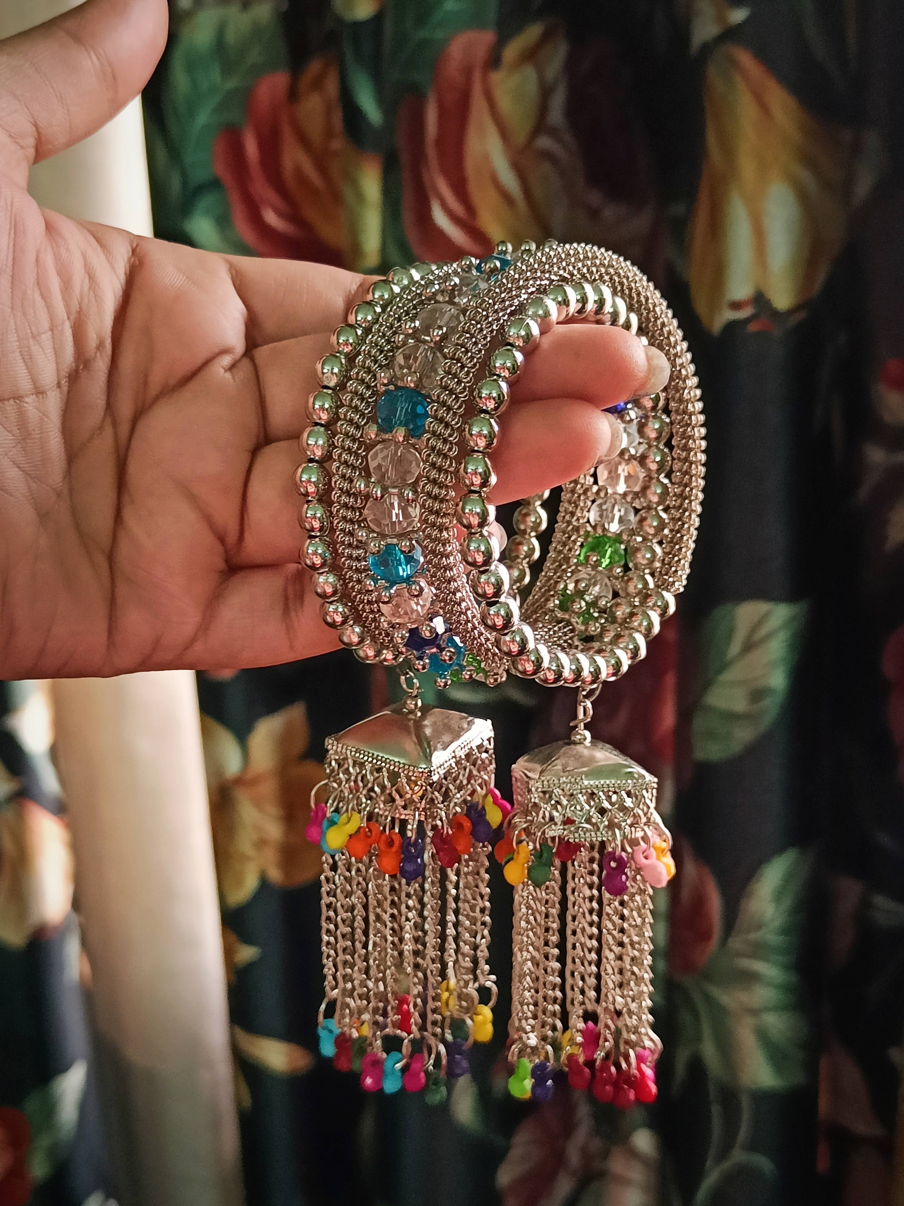 Oxidized Hoop Bracelet with Multicolor Tassels