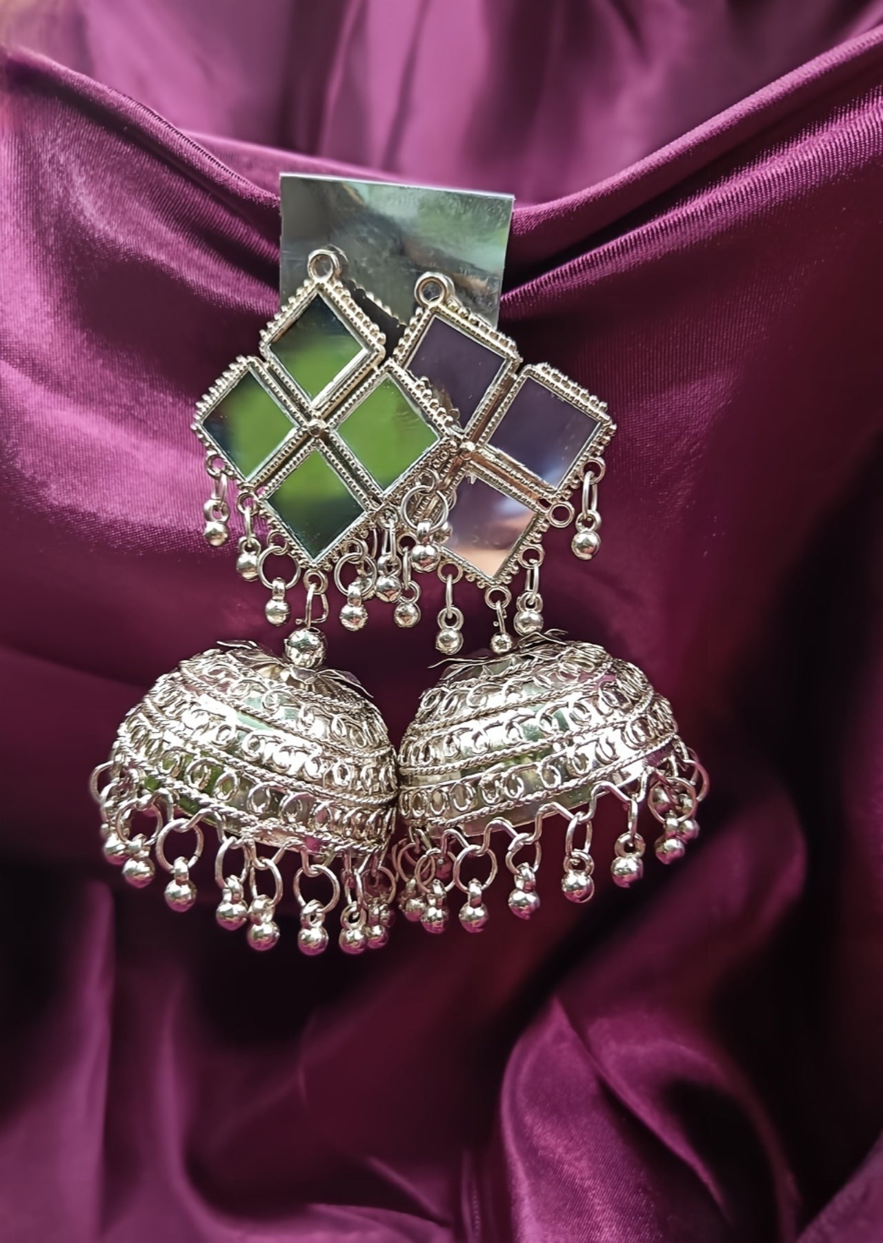 Diamond Shaped Mirror Oxidized Jhumki