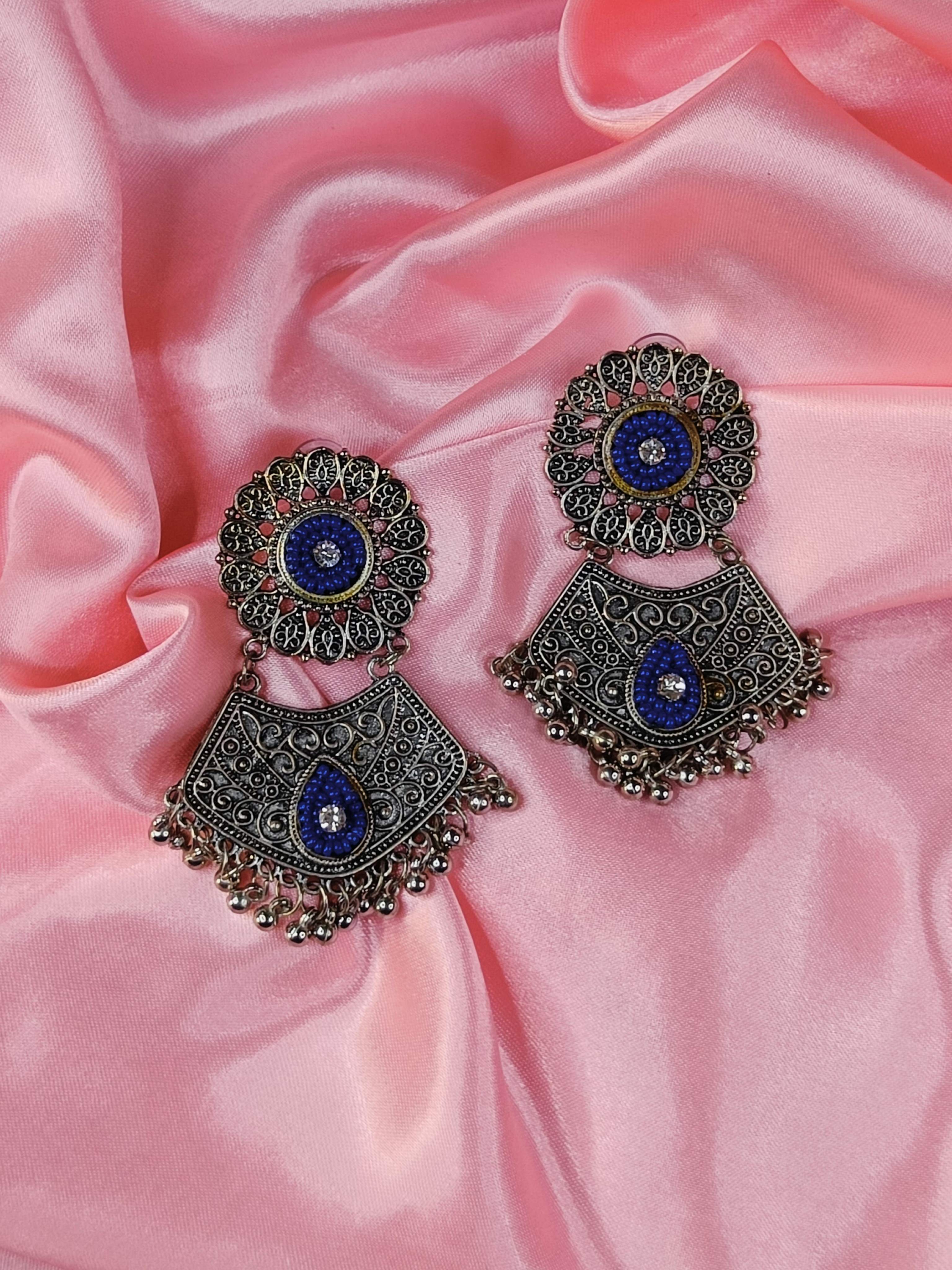 Blue Beaded Oxidisd Jhumki